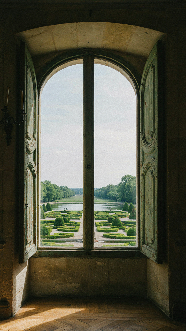 A chateau turret window frames a picturesque view of a formal garden and lake.