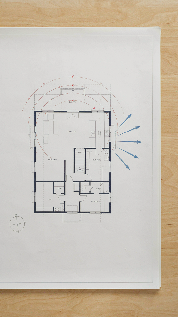 An architectural blueprint with sun path diagrams and wind direction arrows.
