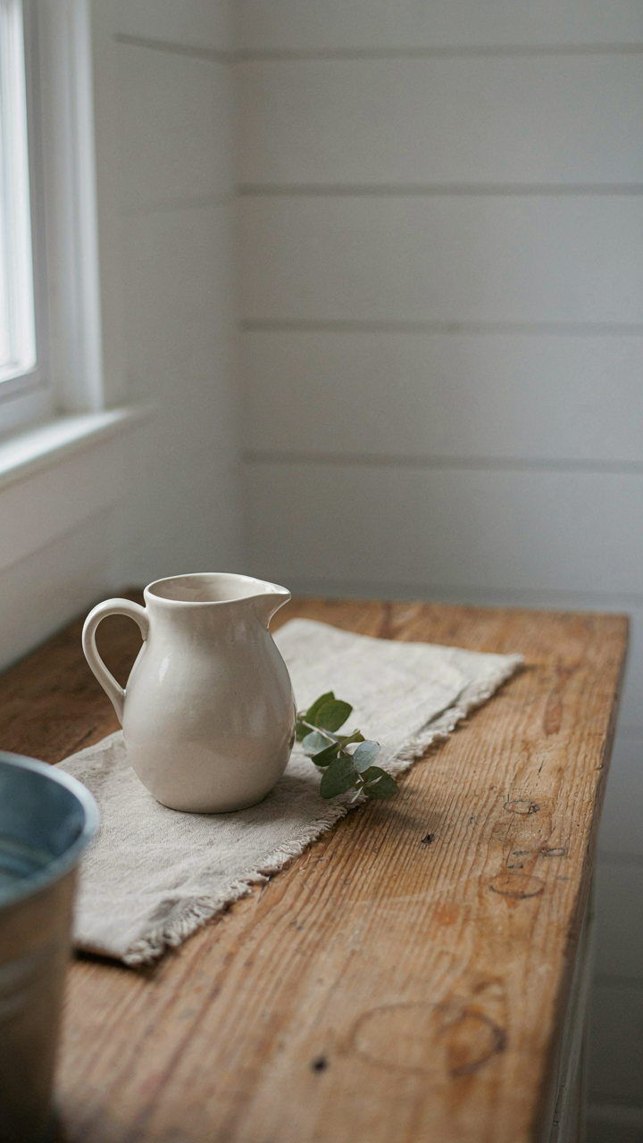 A single ceramic pitcher and folded linen runner on a minimalist wooden countertop.
