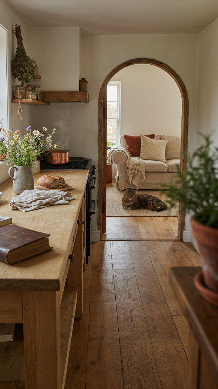 A rustic French country kitchen flowing into a living room.
