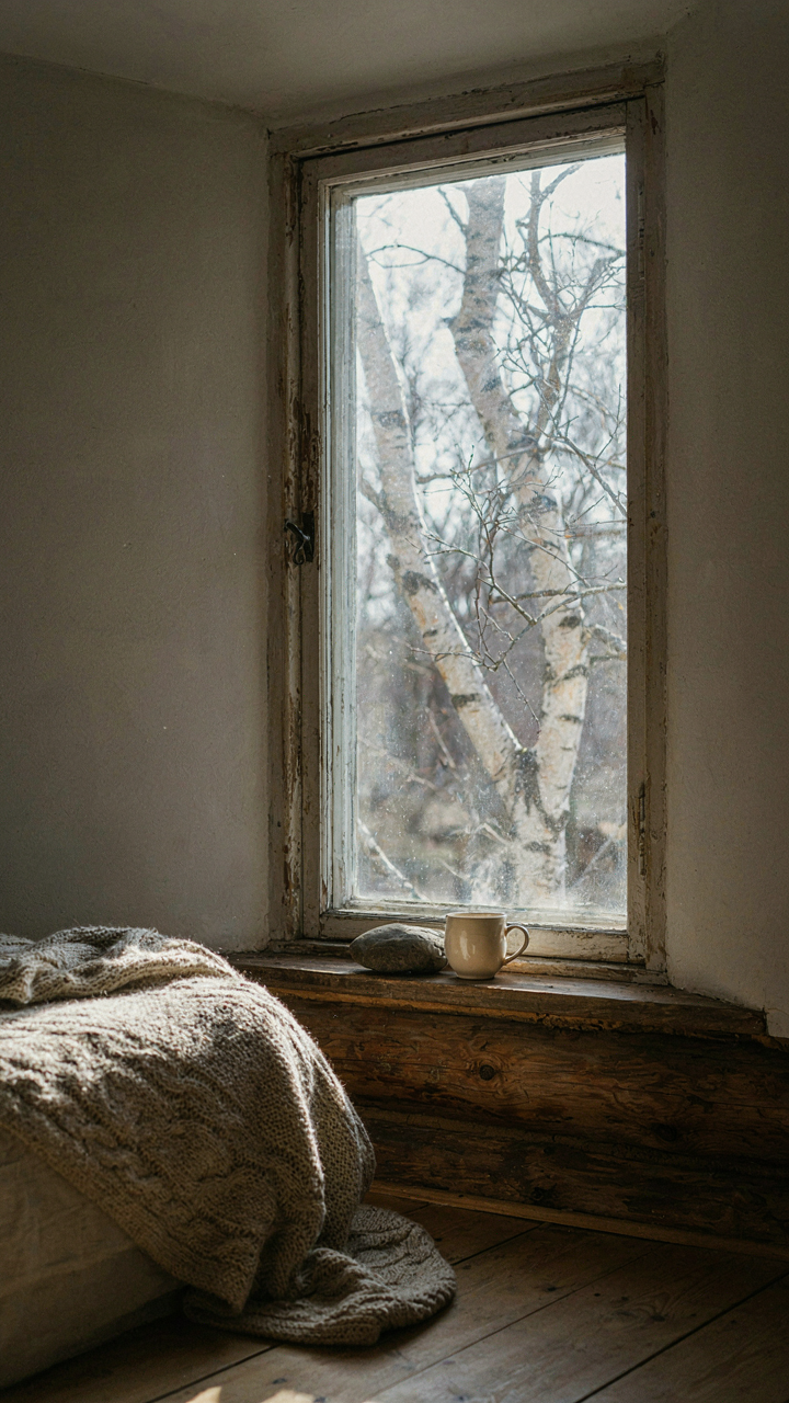 A cozy cabin bedroom with a wool blanket, showing frosted birch branches outside a window.