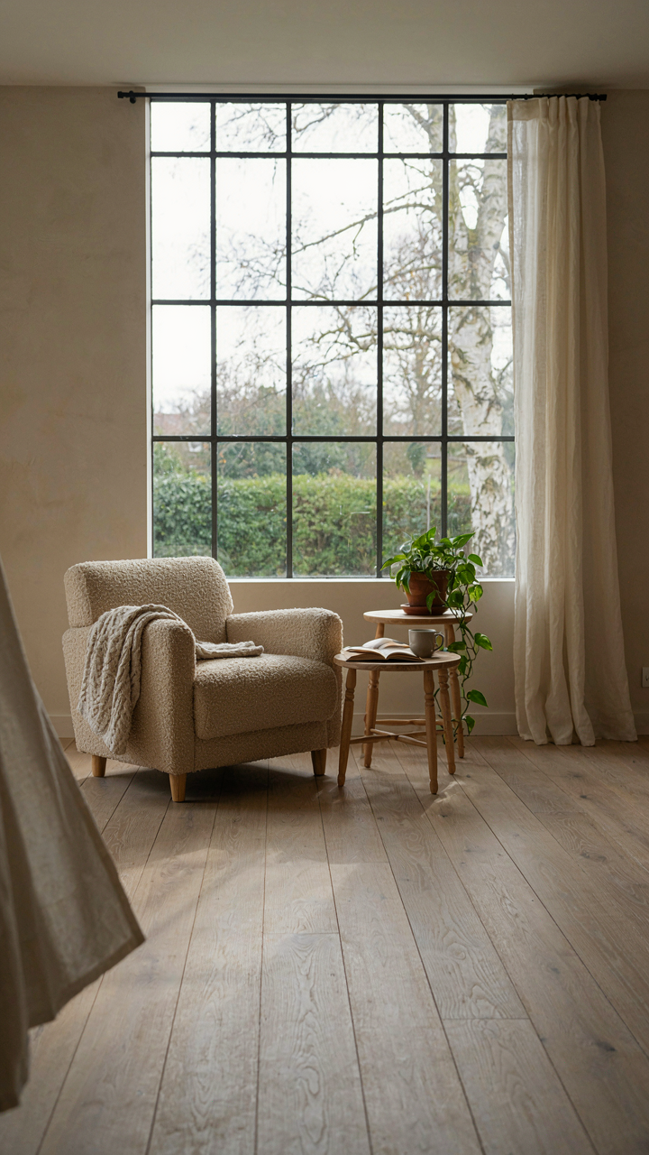 A minimalist cottage sunroom with a single chair facing a bright window.