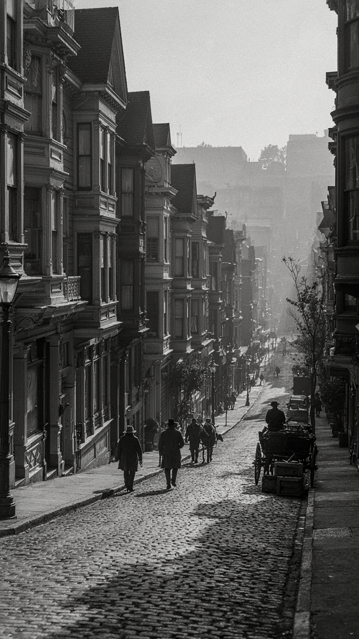 An old black and white photo of tall, narrow queen anne victorian houses.