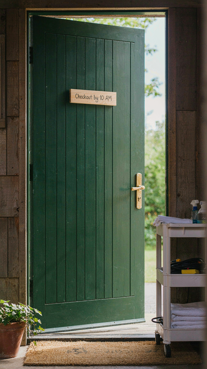 A guest cabin door has a 'Checkout by 10 AM' sign, with a cleaning cart nearby.