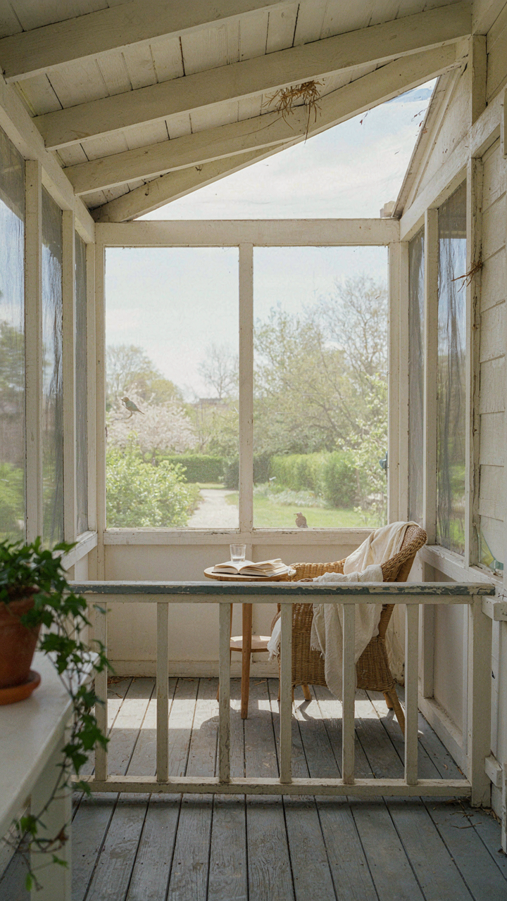 A simple screened cottage sleeping porch with open air flow.