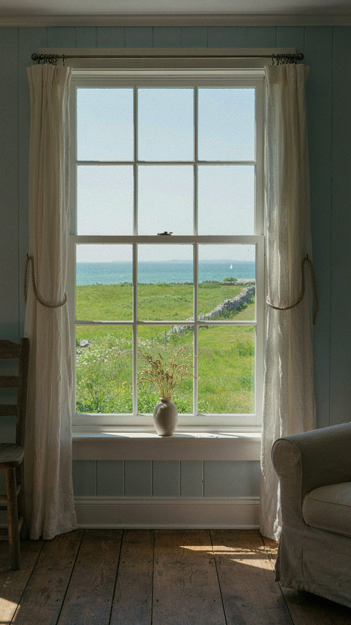 A large window looking out onto a green landscape and water.