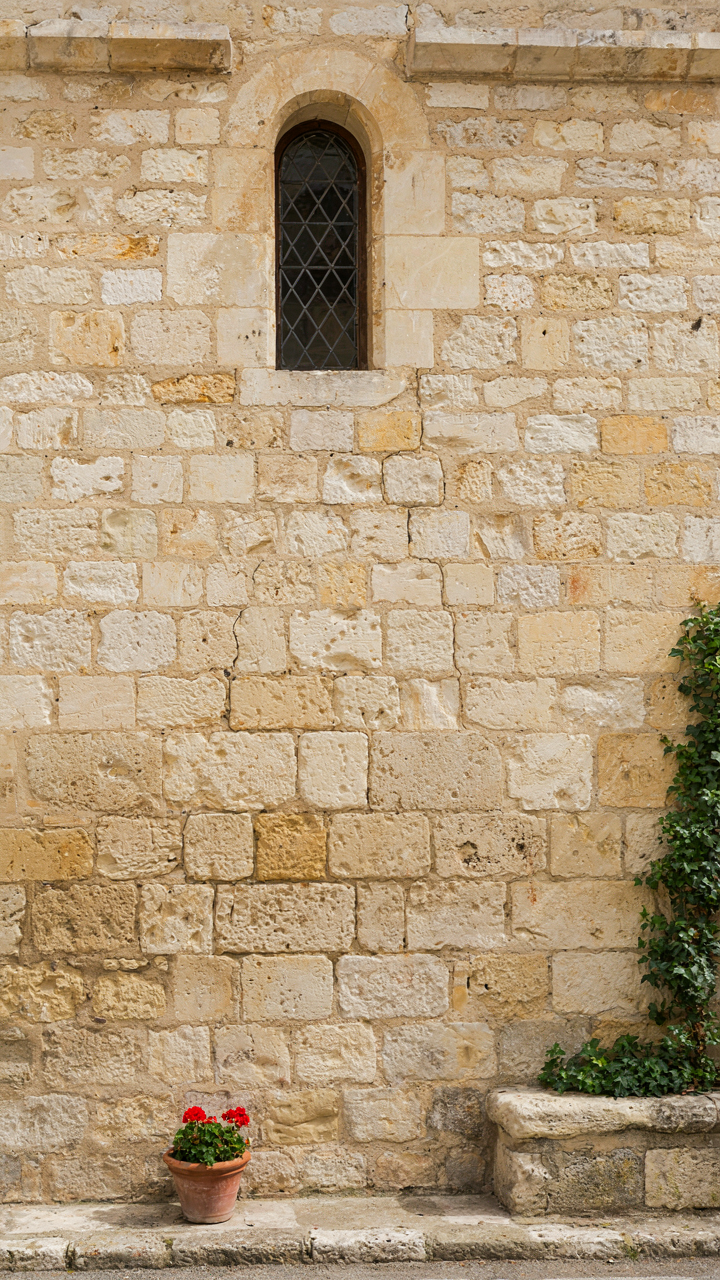 A very old stone cottage wall with lime mortar, showing natural weathering.