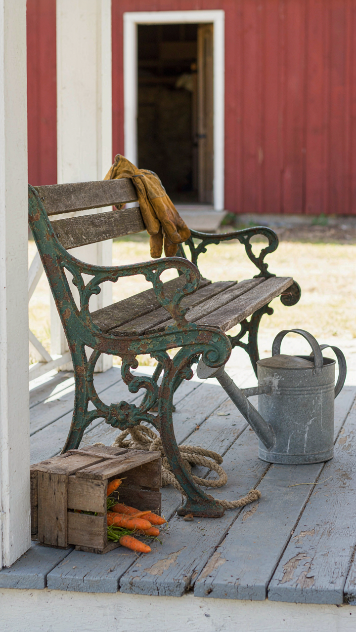 Weathered cast iron bench on a farm porch with tools, showing authentic utility.