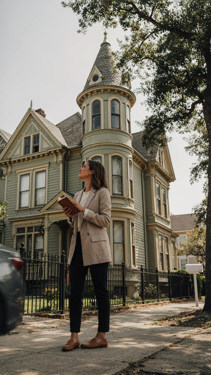 Person examining the detailed facade of an old victorian house.