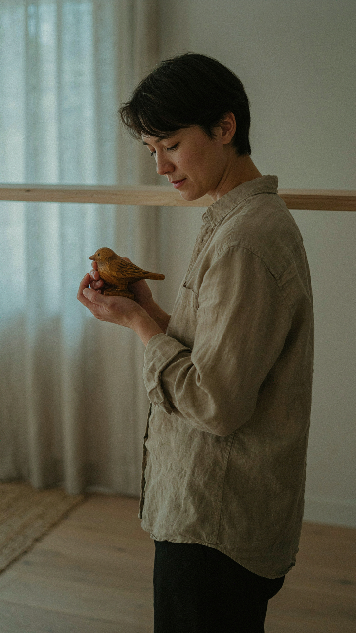 A person holds a wooden carving, placing it on a simple, empty shelf.