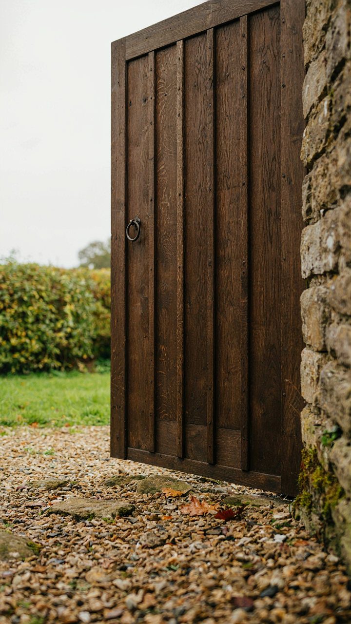 A heavy, dark wooden plank door set higher than a chaotic gravel path.
