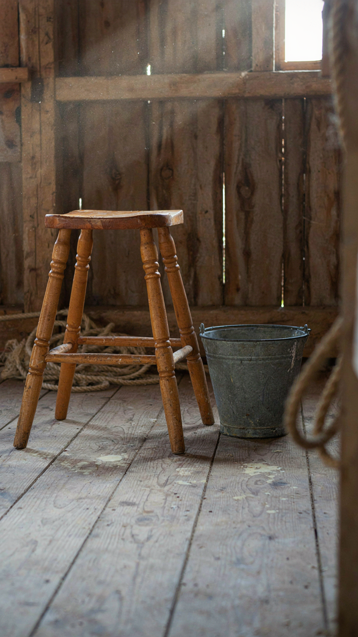 An old wooden milking stool and metal bucket in a barn.