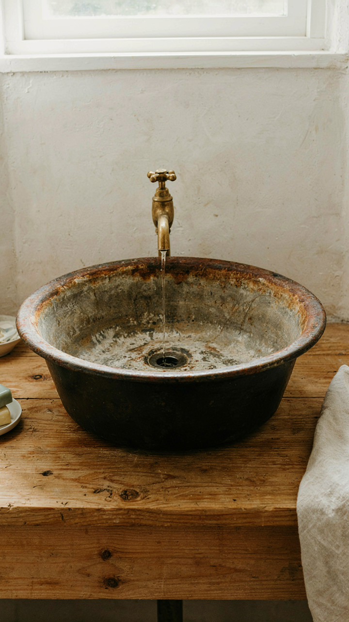 A salvaged cast iron sink basin showing authentic rust and mineral deposits on a wood vanity.