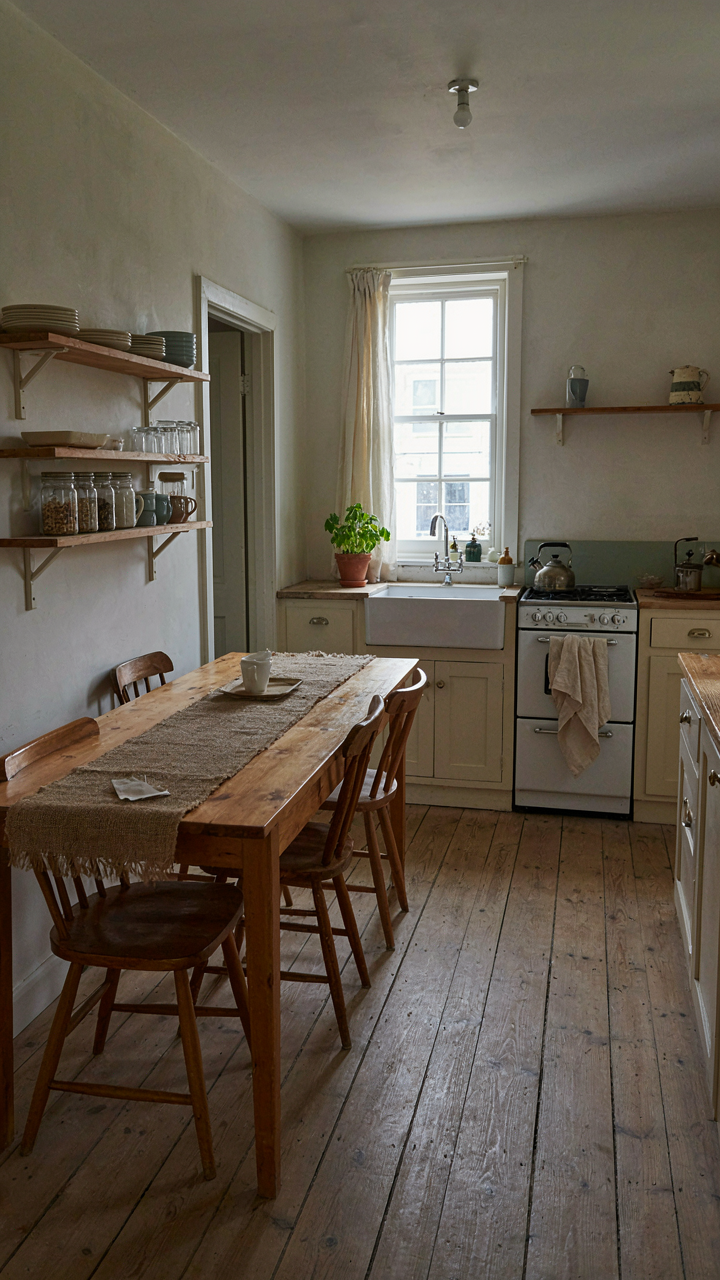 A simple, functional farmhouse kitchen with a large wooden table and minimal decoration.