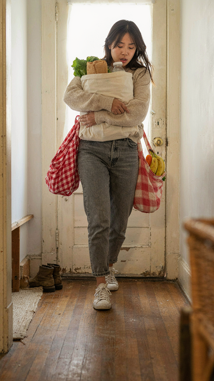 A person struggles with grocery bags in a tiny home's cramped entryway.