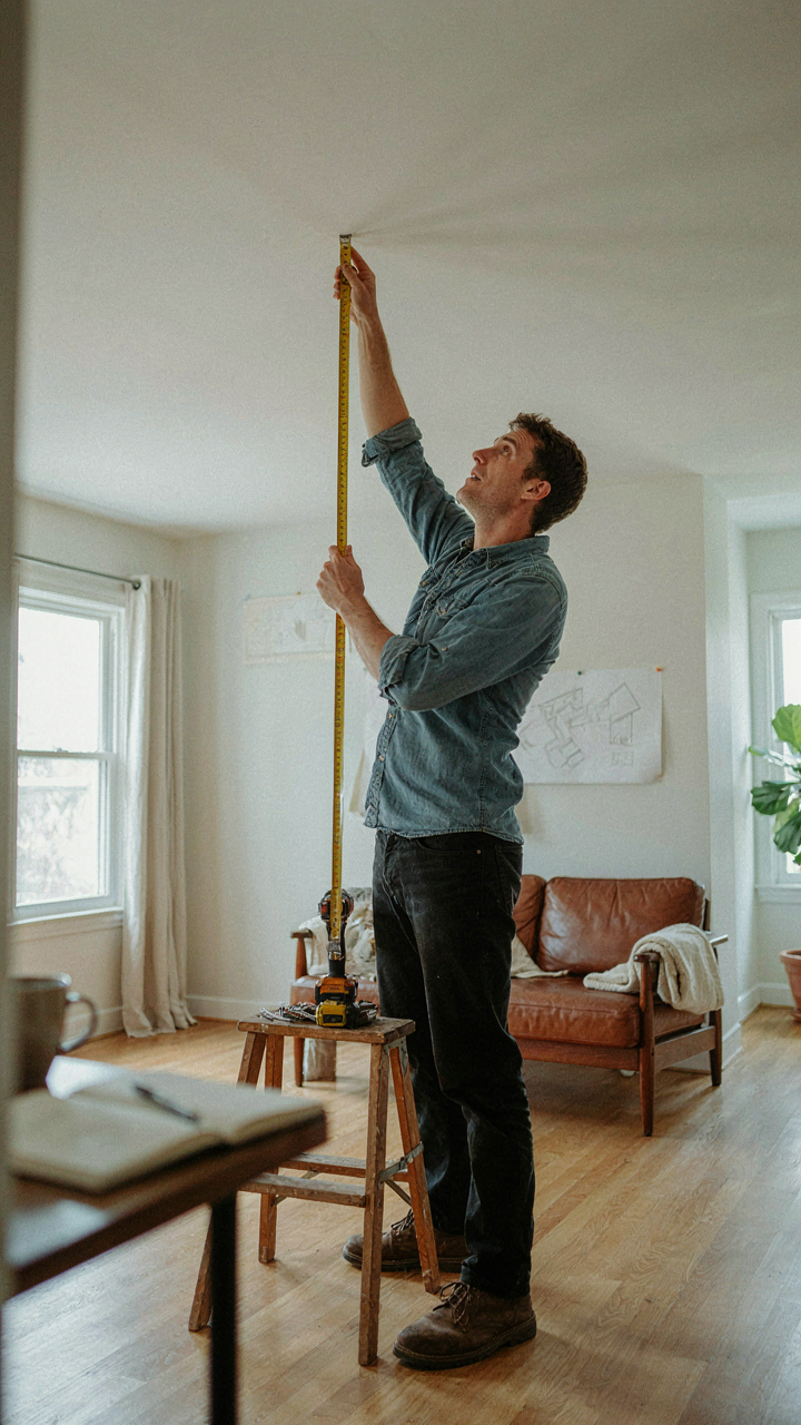 A person using a tape measure to plan cottage ceiling beams in a living room.