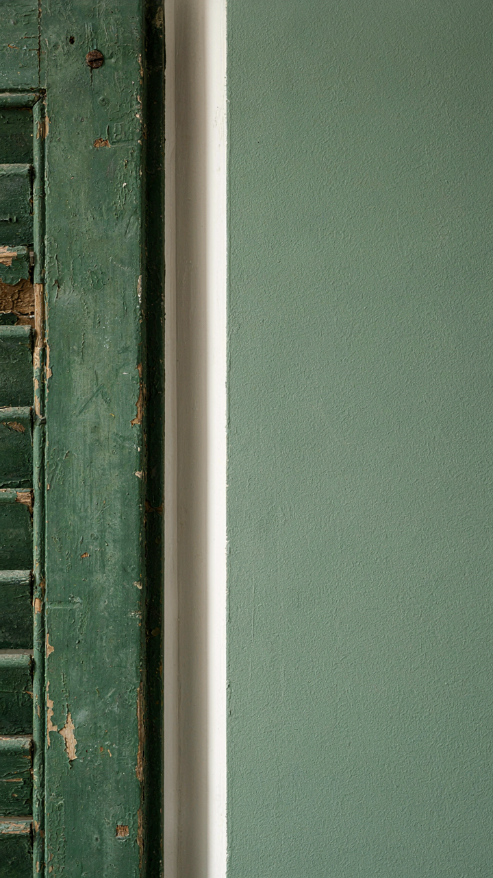 A close up of an aged green wooden shutter next to a flat sage green wall.