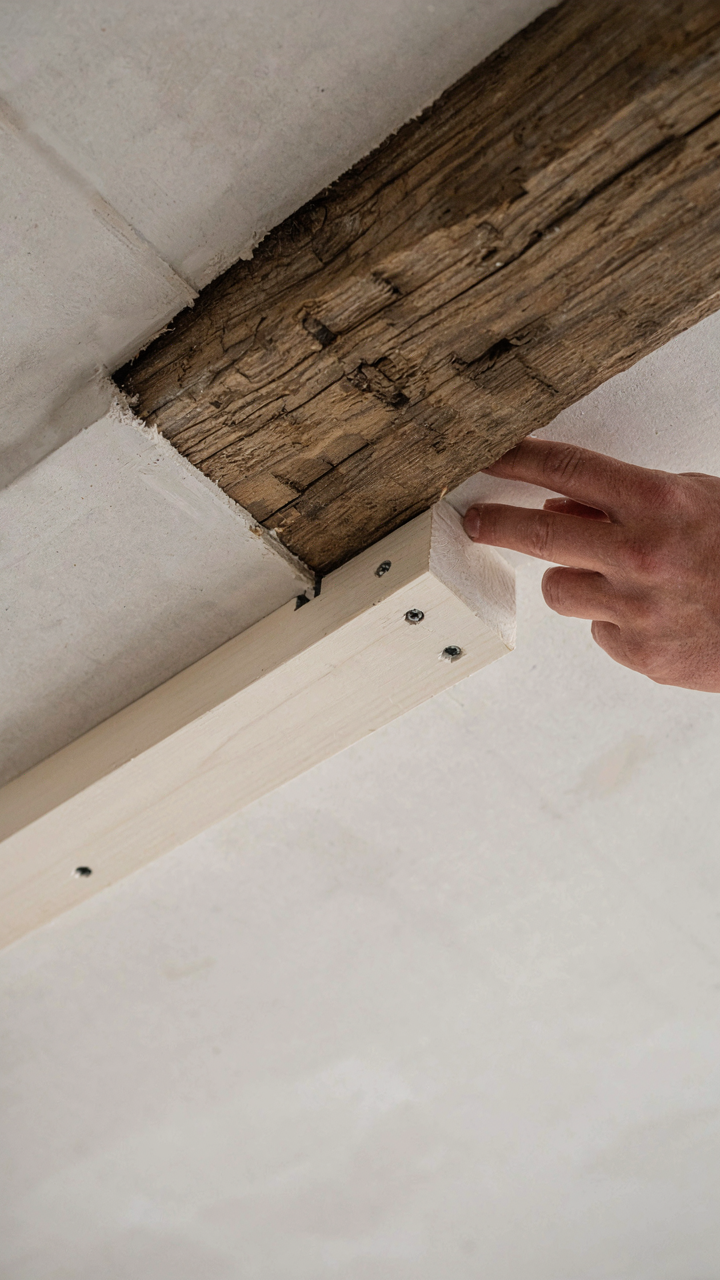 A hand taps a hollow fake beam next to a solid, genuine wood beam.