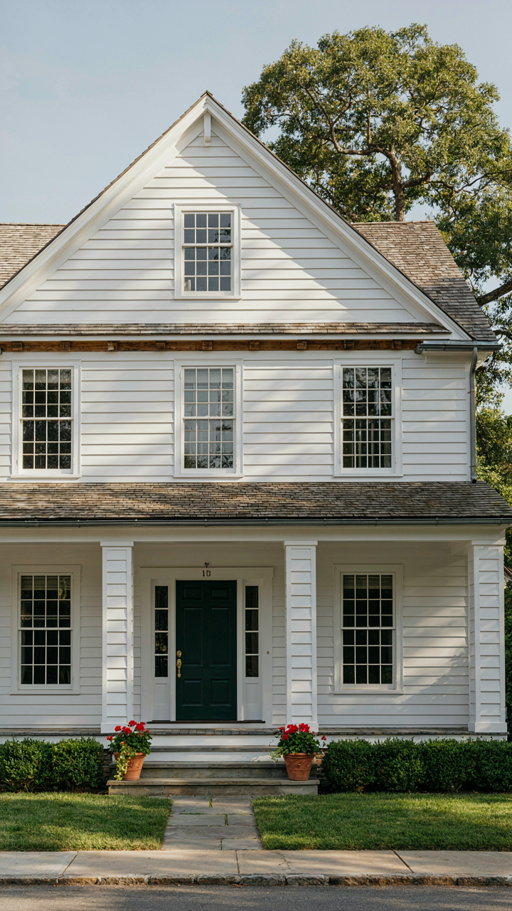 A symmetrical Federal house exterior with a centered door and matching windows.