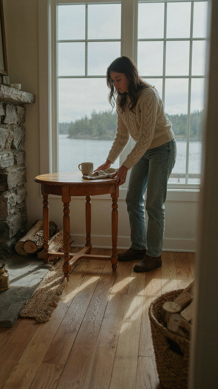 A person carefully adjusts a small wooden side table in a cabin.