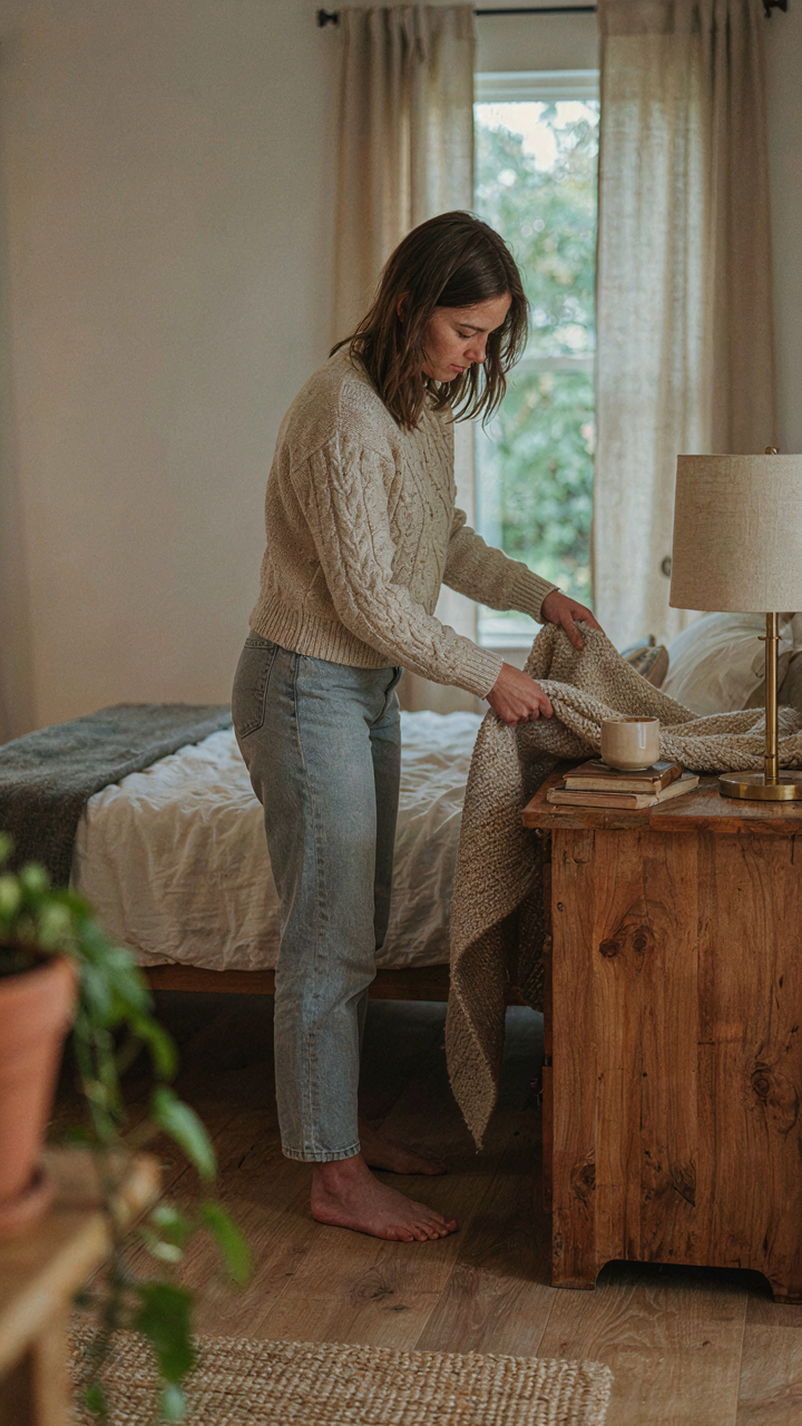 A person adjusting a throw blanket on a nightstand in a modern rustic bedroom.