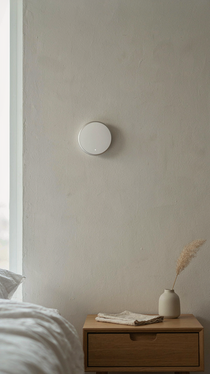 A smart thermostat on a neutral wall in a bedroom, showing the temperature.