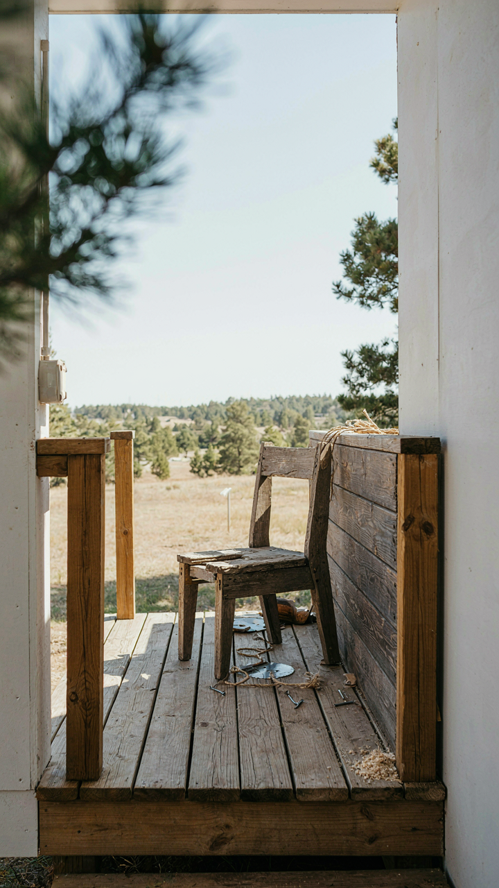 A basic tiny cabin porch with a simple chair and an experimental windbreak.