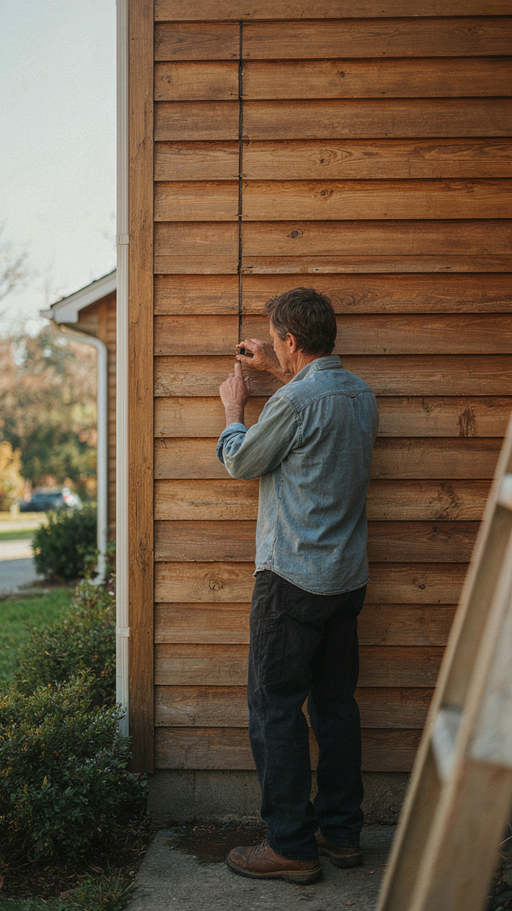 A homeowner inspects a crack in horizontal cedar siding on an exterior wall.