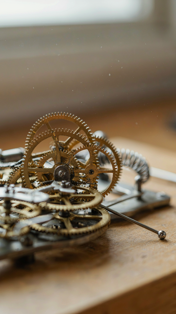An intricate clockwork mechanism with many interconnected gears and levers.