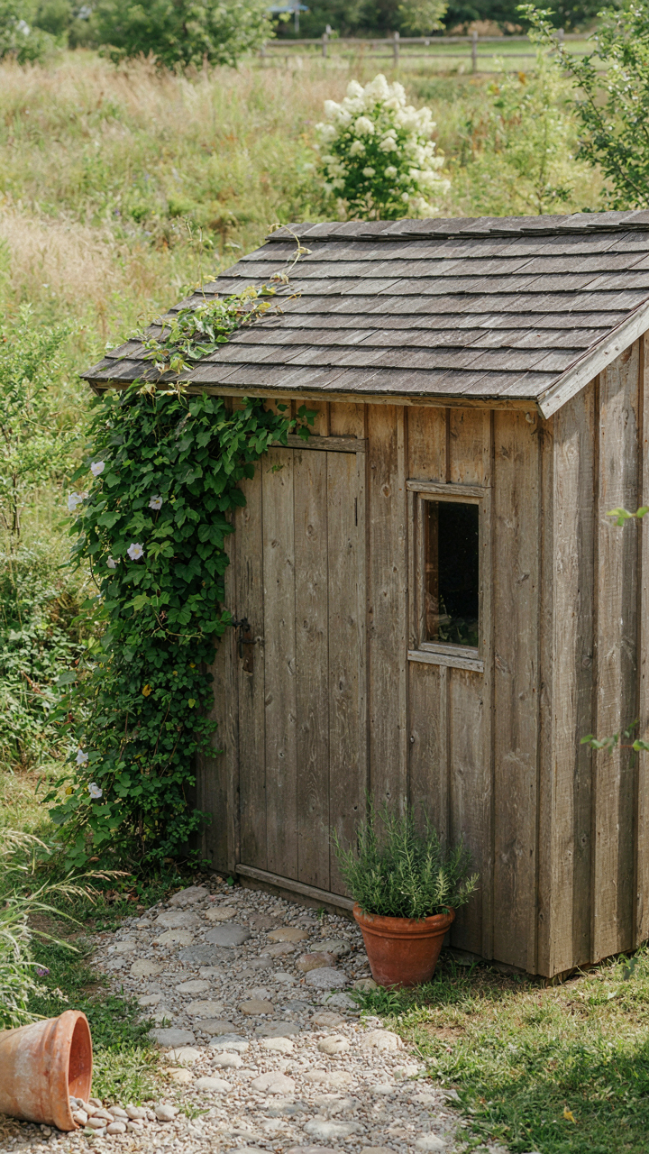 A weathered she shed exterior with climbing vines and an asymmetrical window.