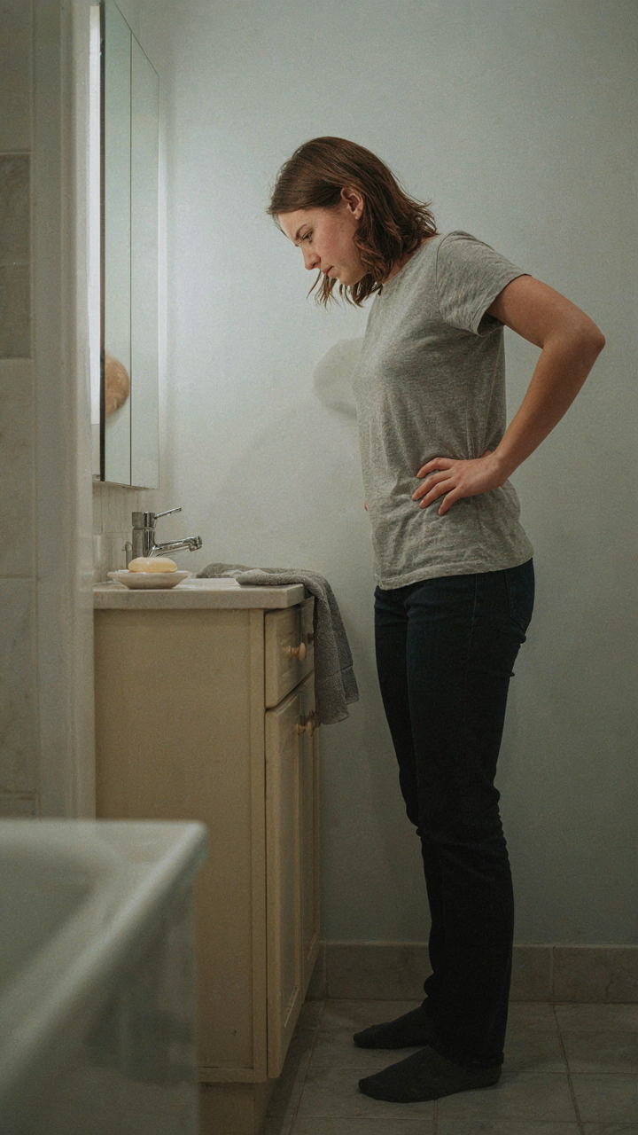 A frustrated person in a cramped bathroom, looking at a poorly placed sink.