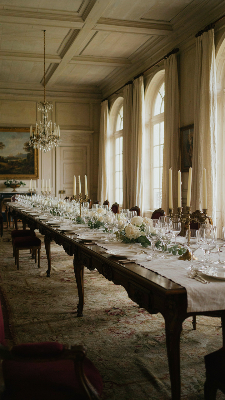 A long, elegant dining table with sunlight falling across one end.