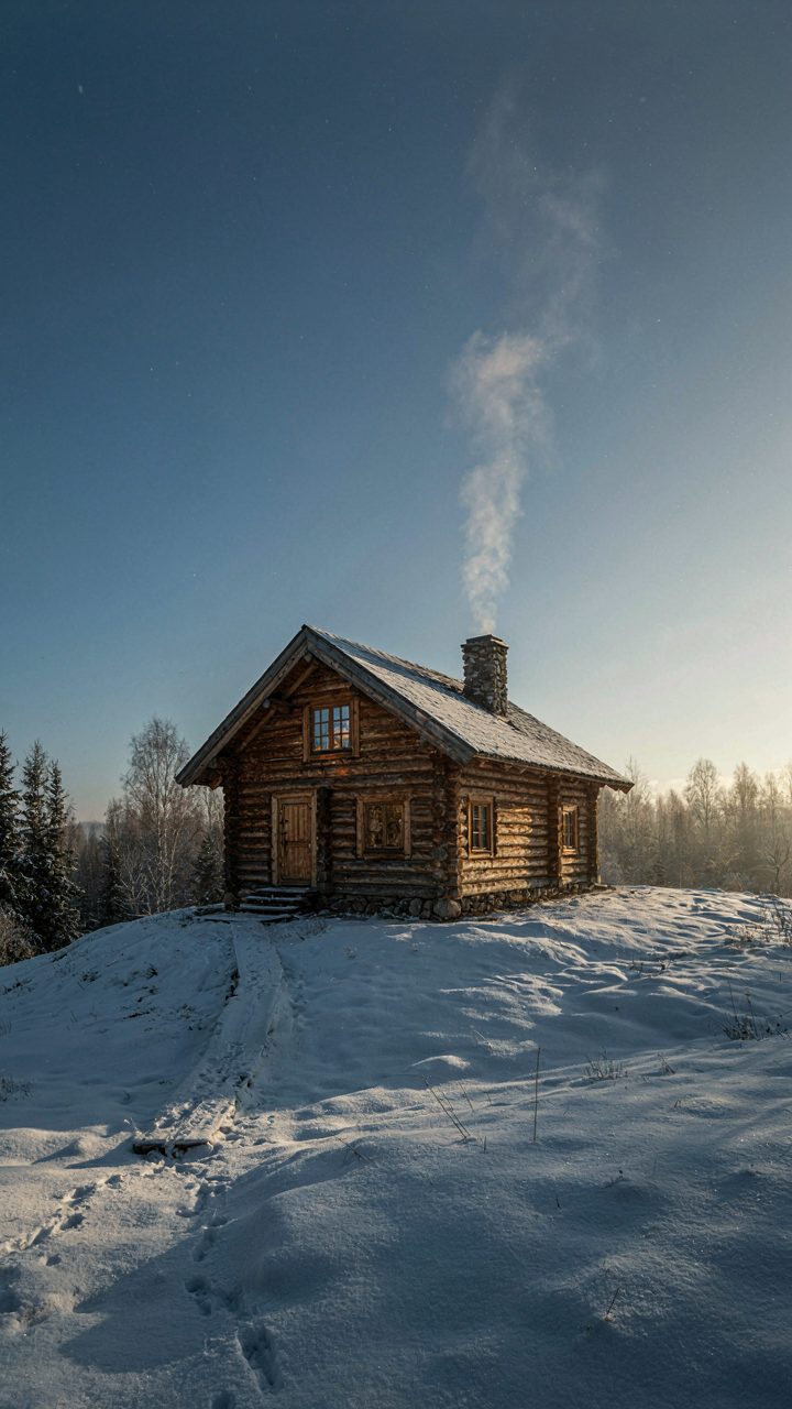 A Finnish log cabin faces south, catching winter sun through a large window.