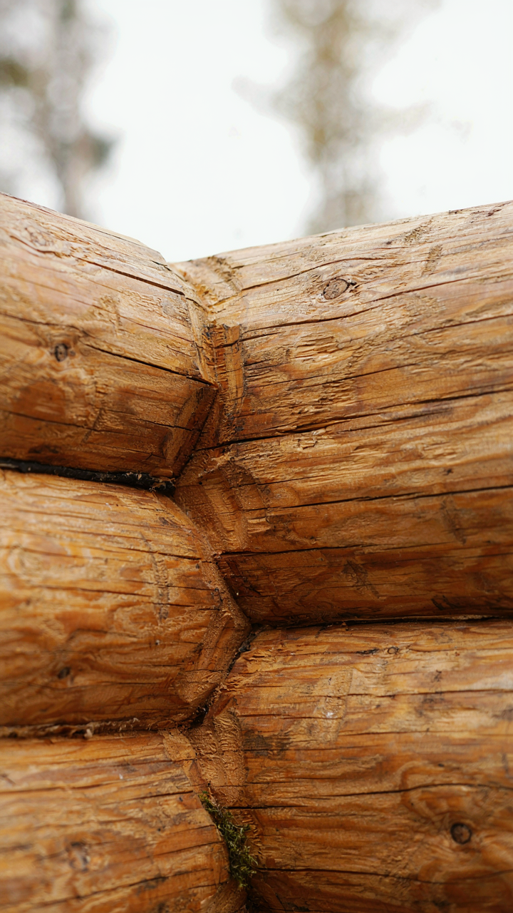 A detailed, interlocking corner joint on a Finnish log cabin.