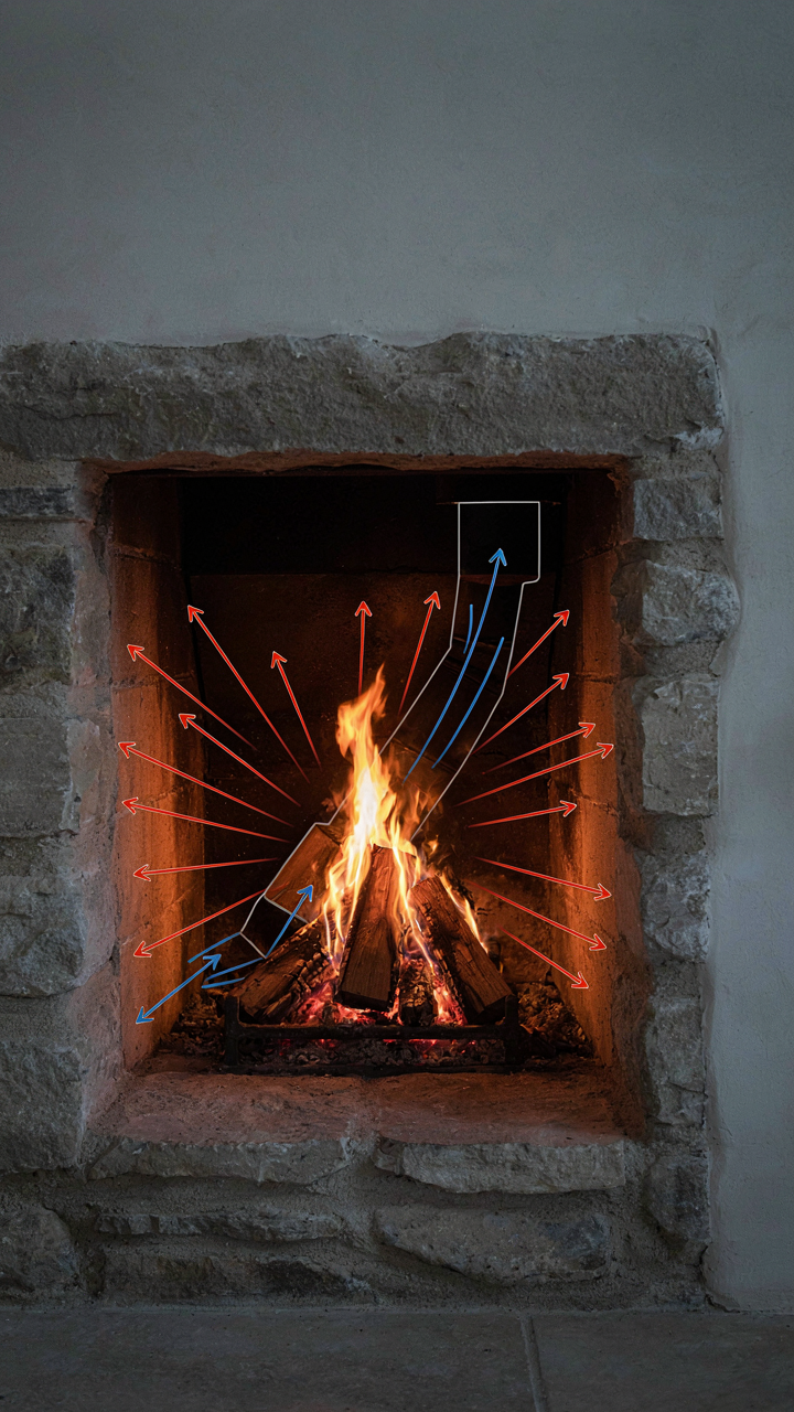 A stone firebox with a fire, showing heat radiating and air flow.