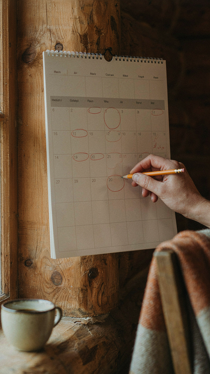 A hand marks a maintenance task on a physical wall calendar in a cabin.