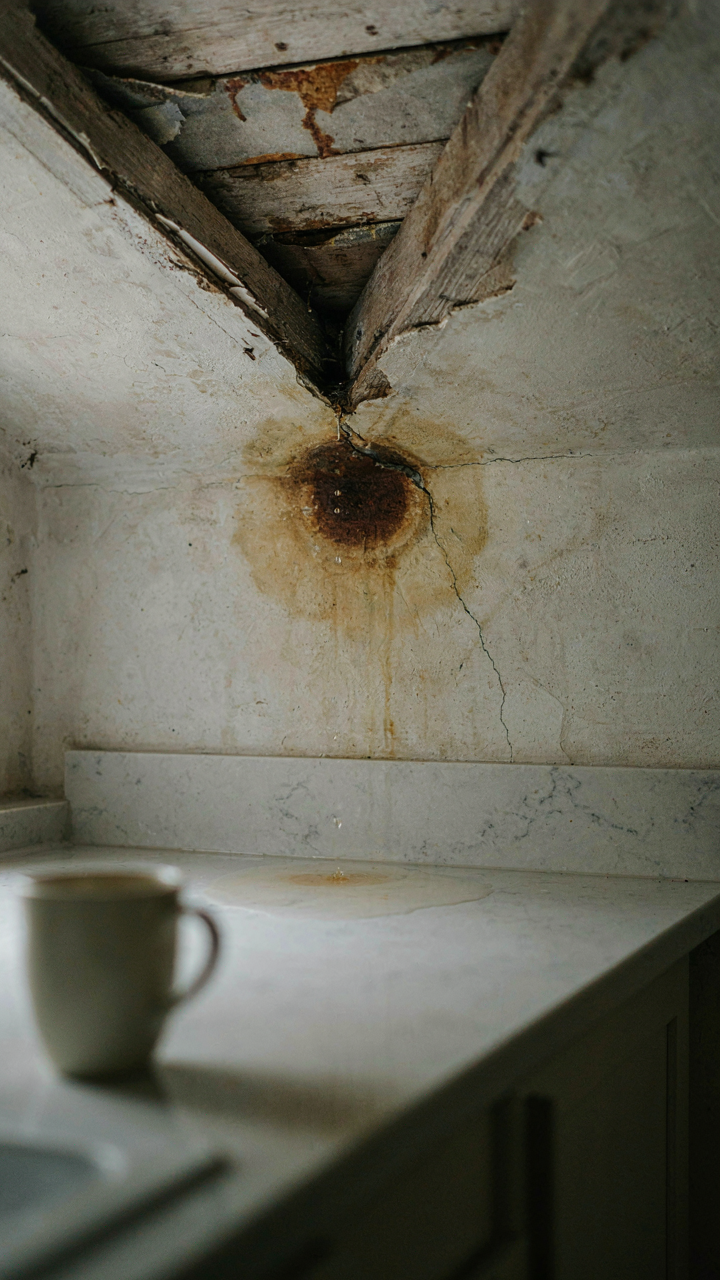 A leaky farmhouse roof with damaged shingles and water stains inside.