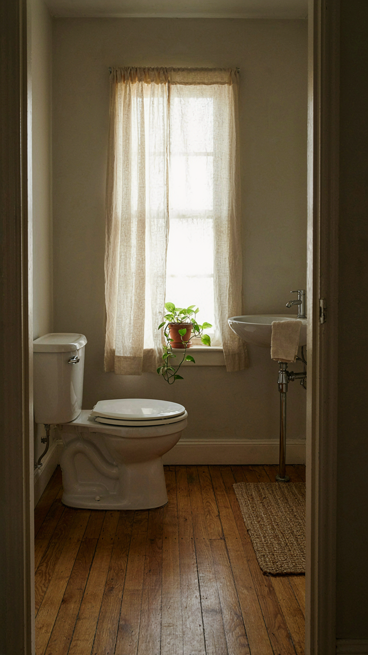 Efficiently placed toilet and sink in a compact small cabin bathroom.