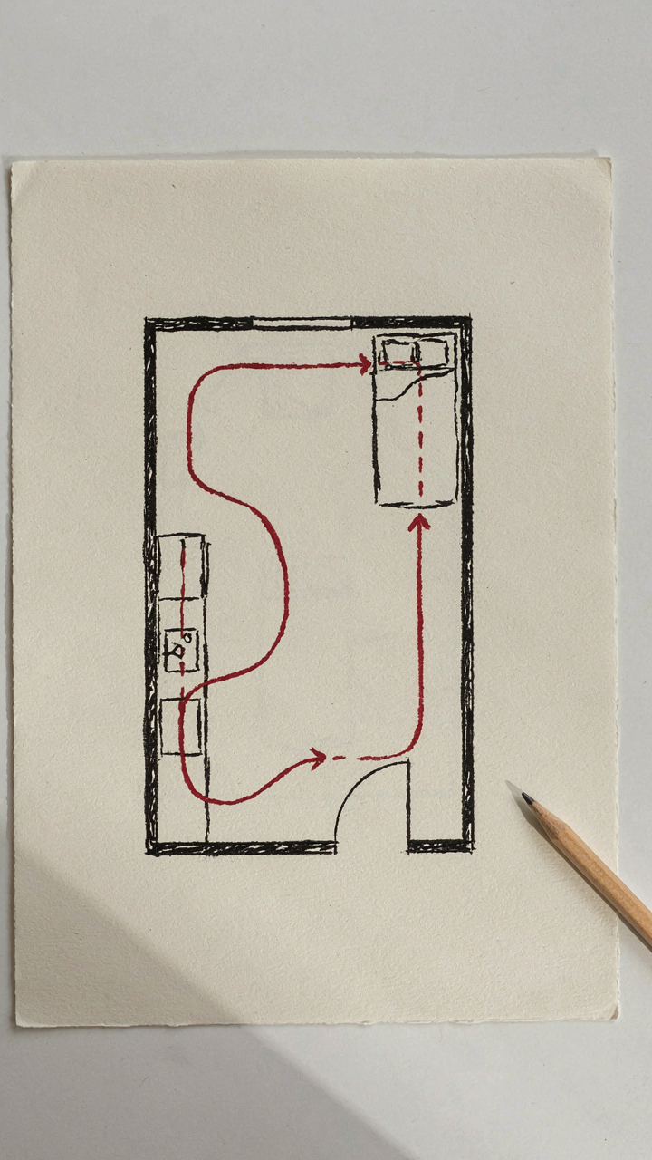 An overhead sketch of a one room cabin floor plan showing clear movement paths.