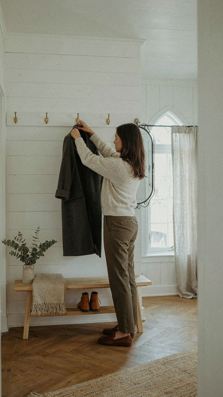 A person hanging a coat in a clear and organized cottage entryway.