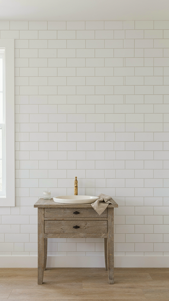 A weathered wood vanity is the focal point against a crisp white subway tile wall.