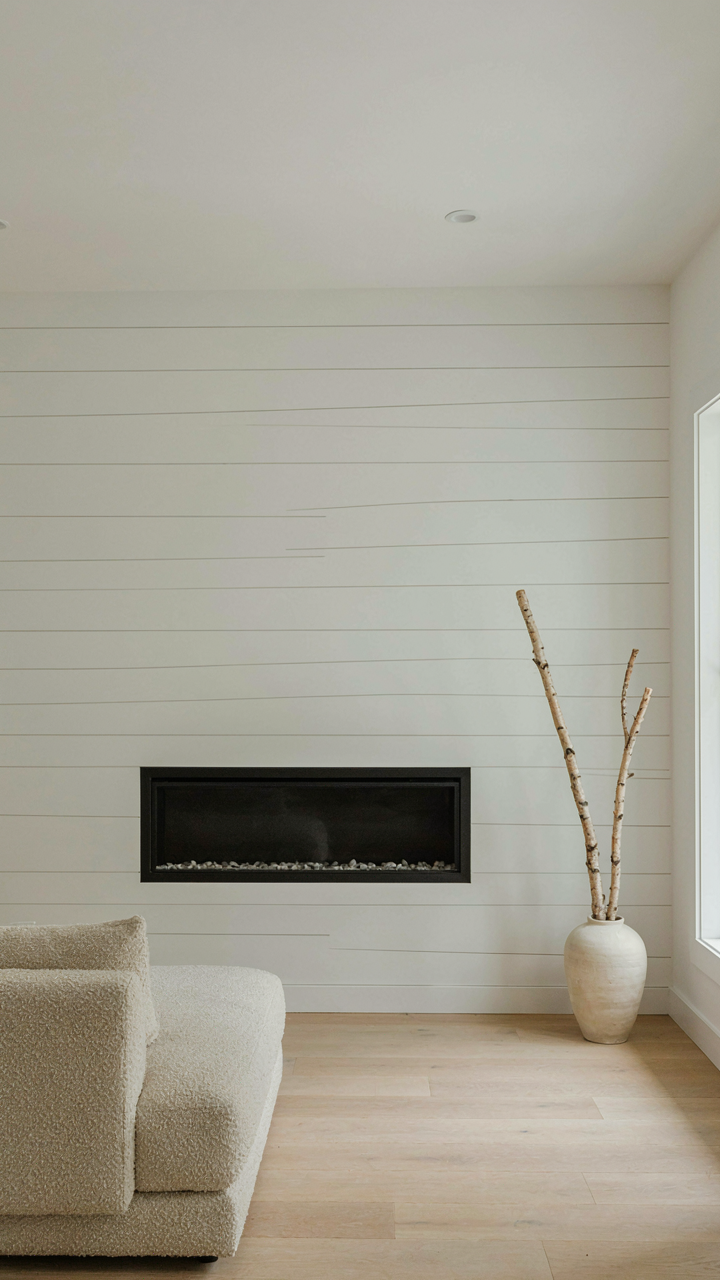 A tall shiplap accent wall highlights a fireplace in a simple room.