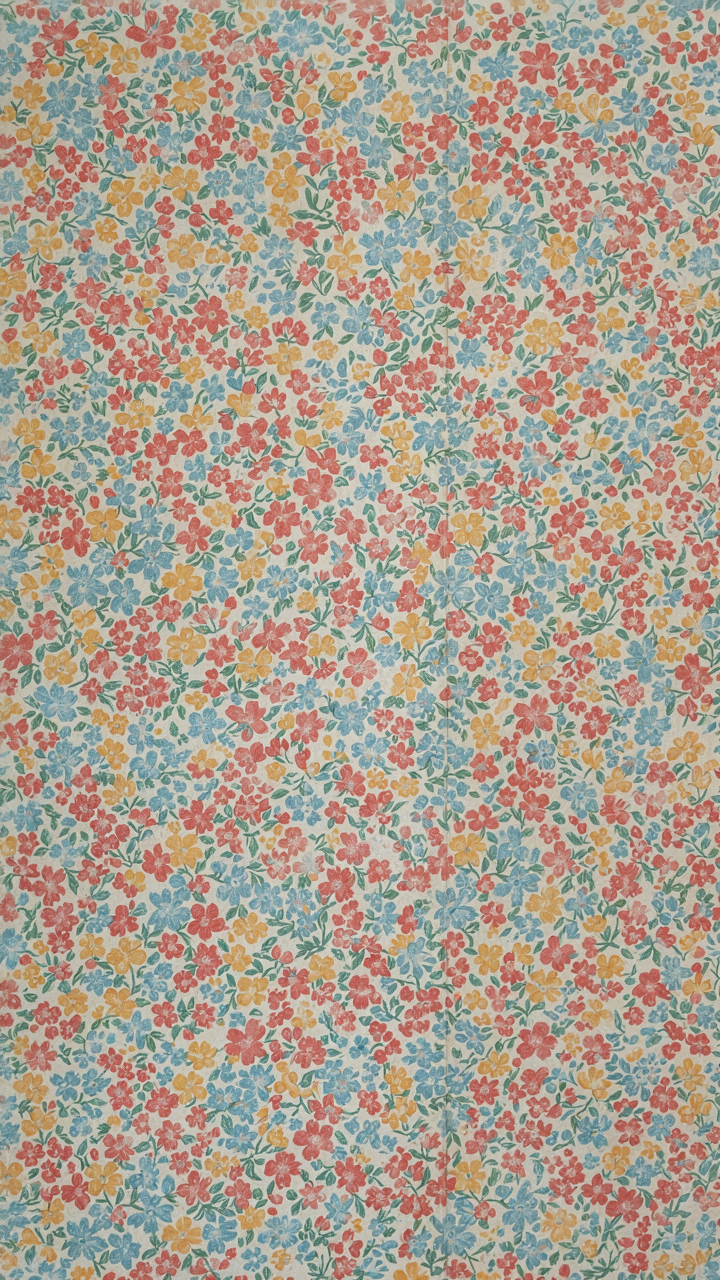 A close-up of a densely packed, busy floral wallpaper pattern.