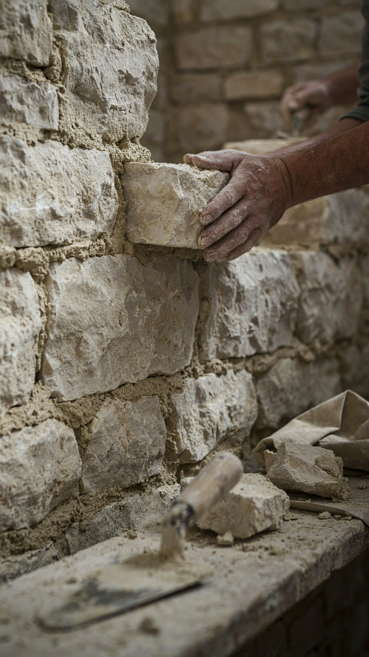 A mason's hands build a wall with rough, natural stone and mortar.