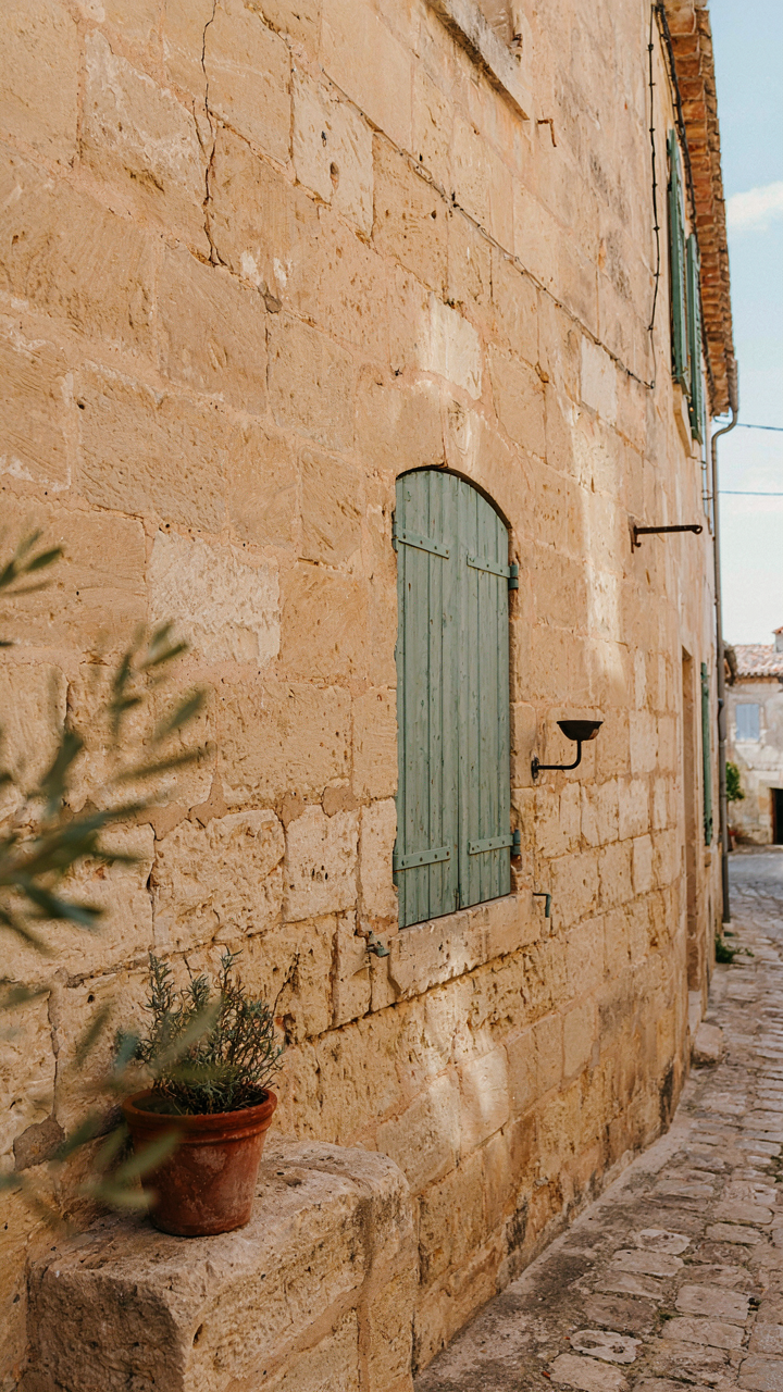 A close up of warm ochre stone walls with closed wooden shutters in Provence.