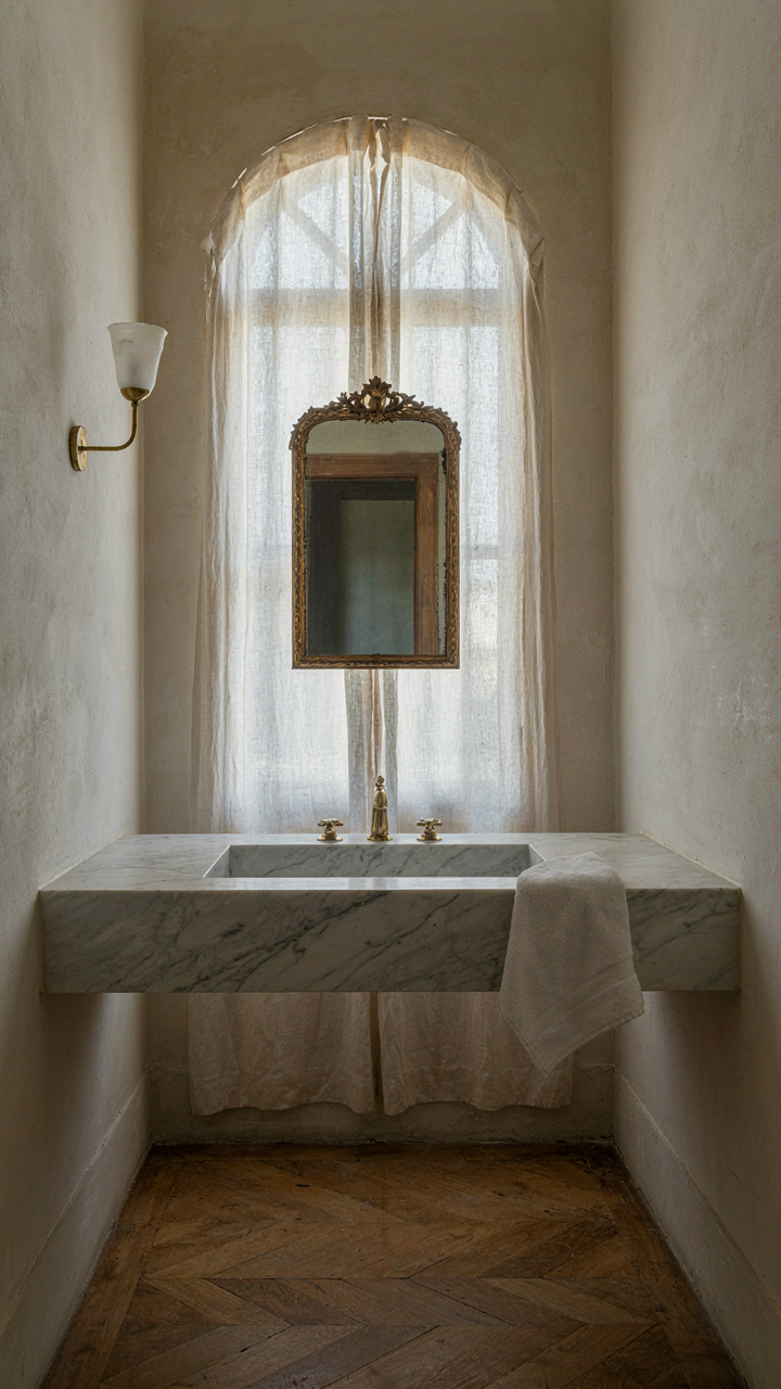 An oversized marble vanity top in a small chateau bathroom, signaling amateur work.