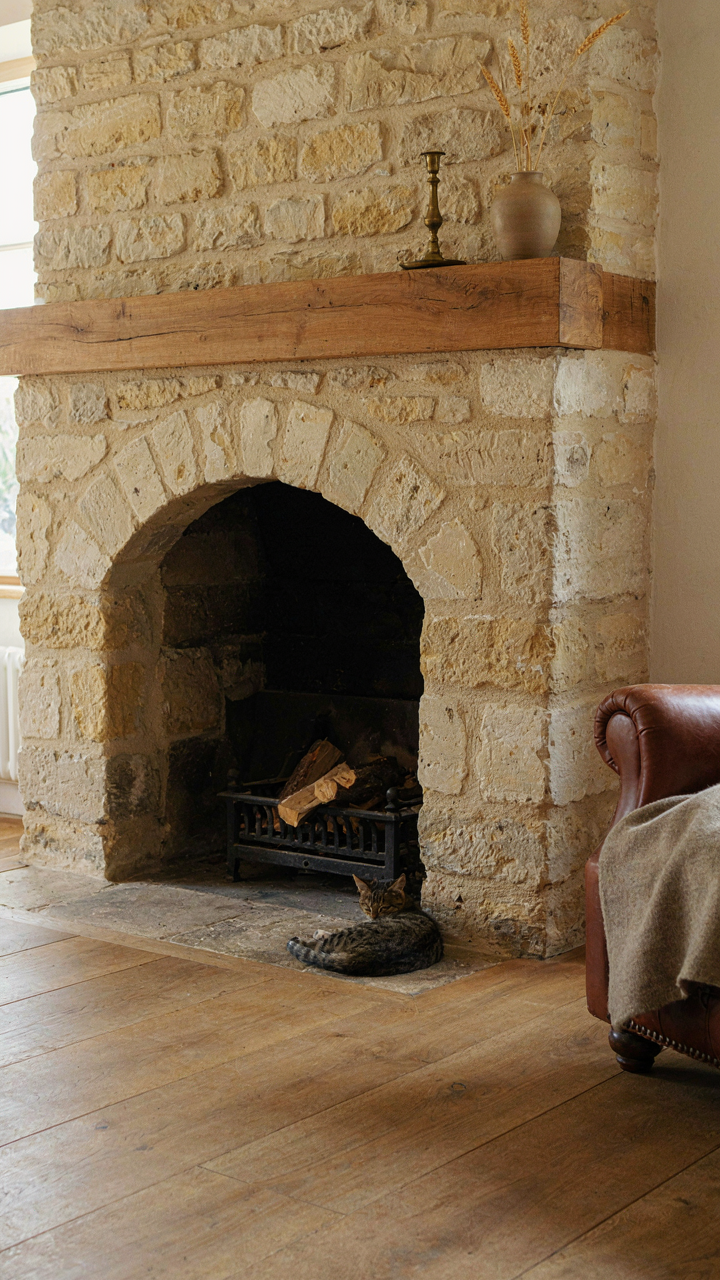 A large limestone fireplace with a simple mantel in a rustic room.