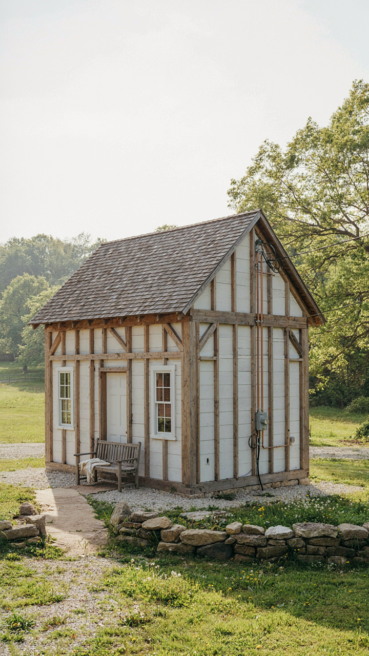 A tiny farmhouse with a visible utility spine on its exterior wall.