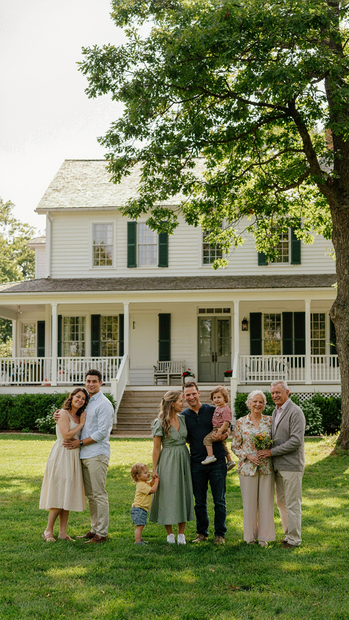 A family growing through life stages in front of the same farmhouse.