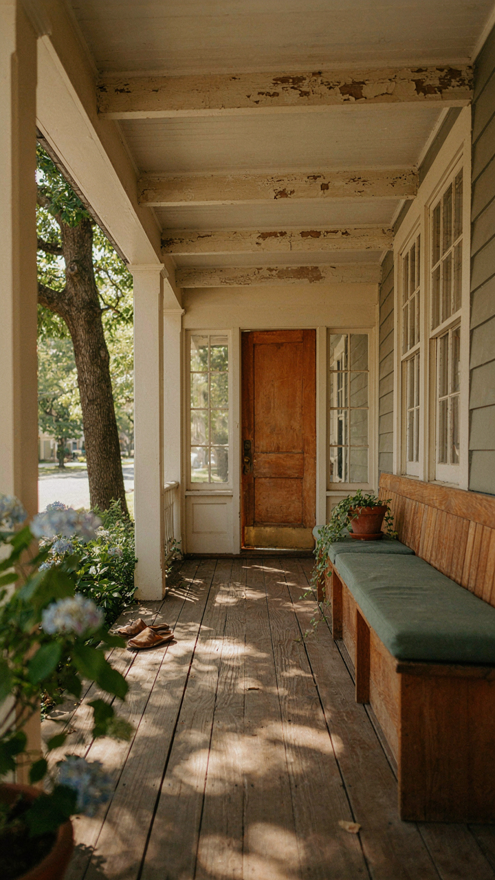 A deep craftsman bungalow front porch features built-in seating and exposed rafters.